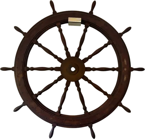 Rueda de cabillas «Left rudder · Right rudder», baúl marino antiguo · vista principal